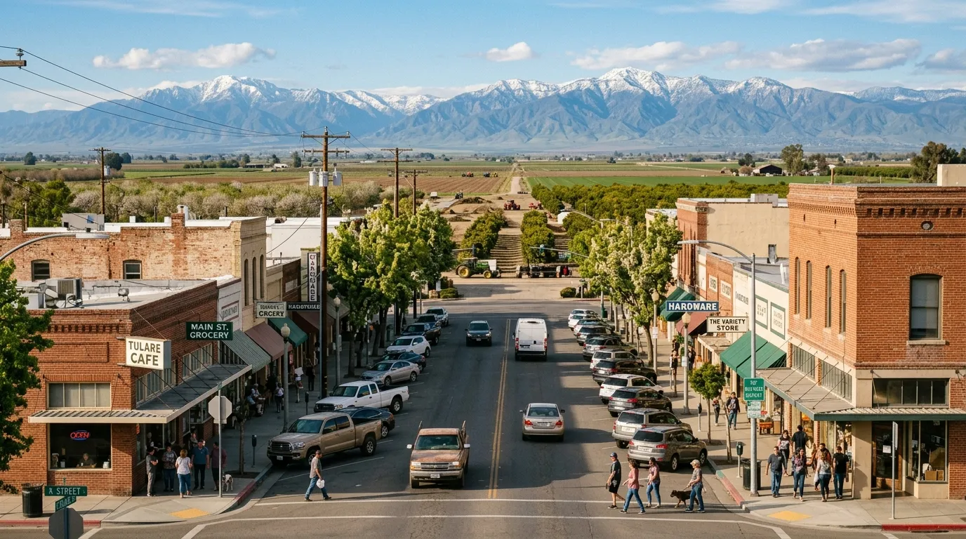 A Tulare County community with mountains and agricultural fields nearby