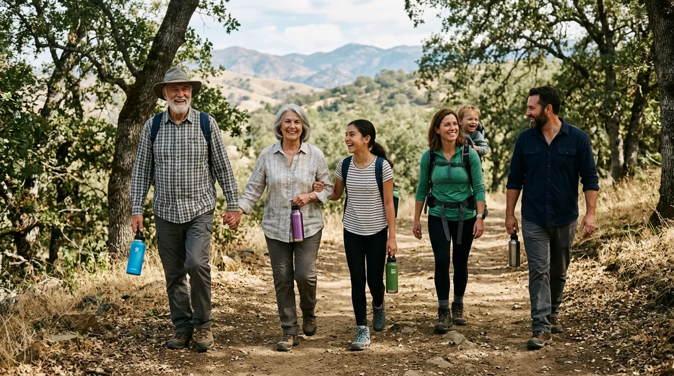 A family enjoying an easy nature walk in the Tulare County foothills