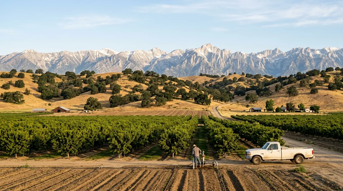 Agricultural valley and Sierra foothills in Tulare County