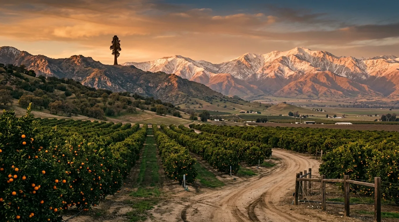 Citrus orchards and Sierra Nevada foothills in Tulare County at golden hour