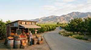 Citrus orchards and farm stands along a Tulare County road