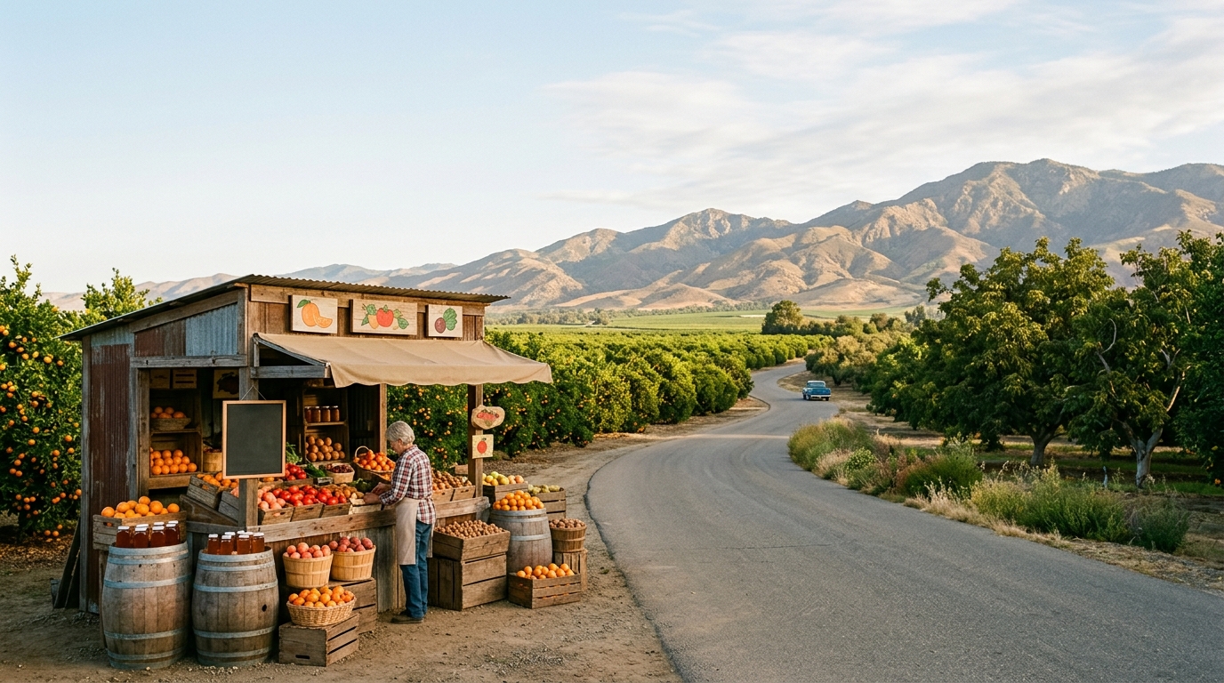Citrus orchards and farm stands along a Tulare County road
