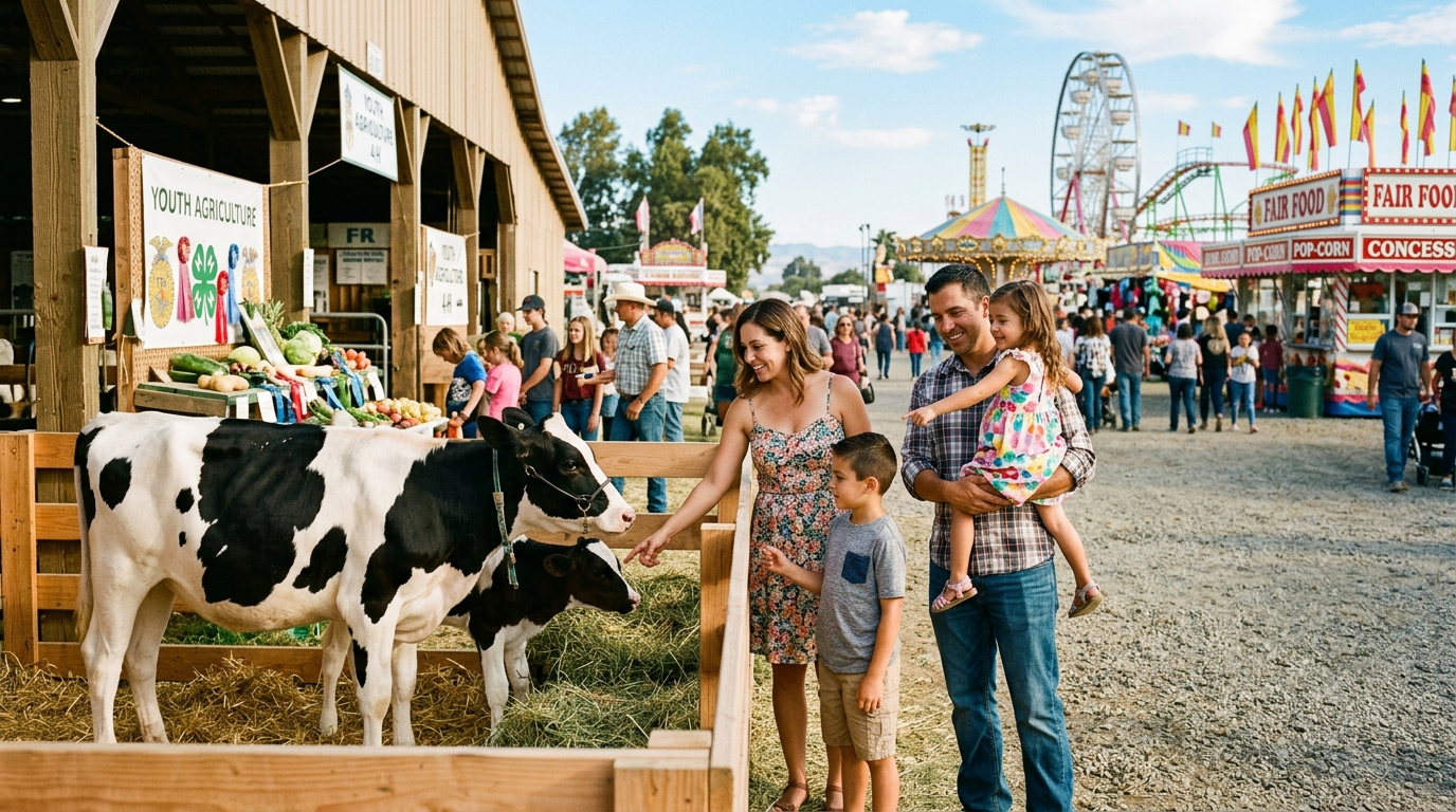 Family exploring livestock exhibits at the Tulare County Fair