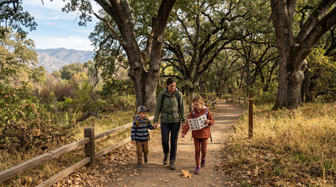 Family walking beneath valley oak trees at Kaweah Oaks Preserve