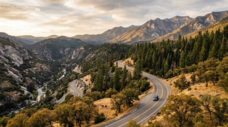 Highway 190 winding through the southern Sierra near Springville