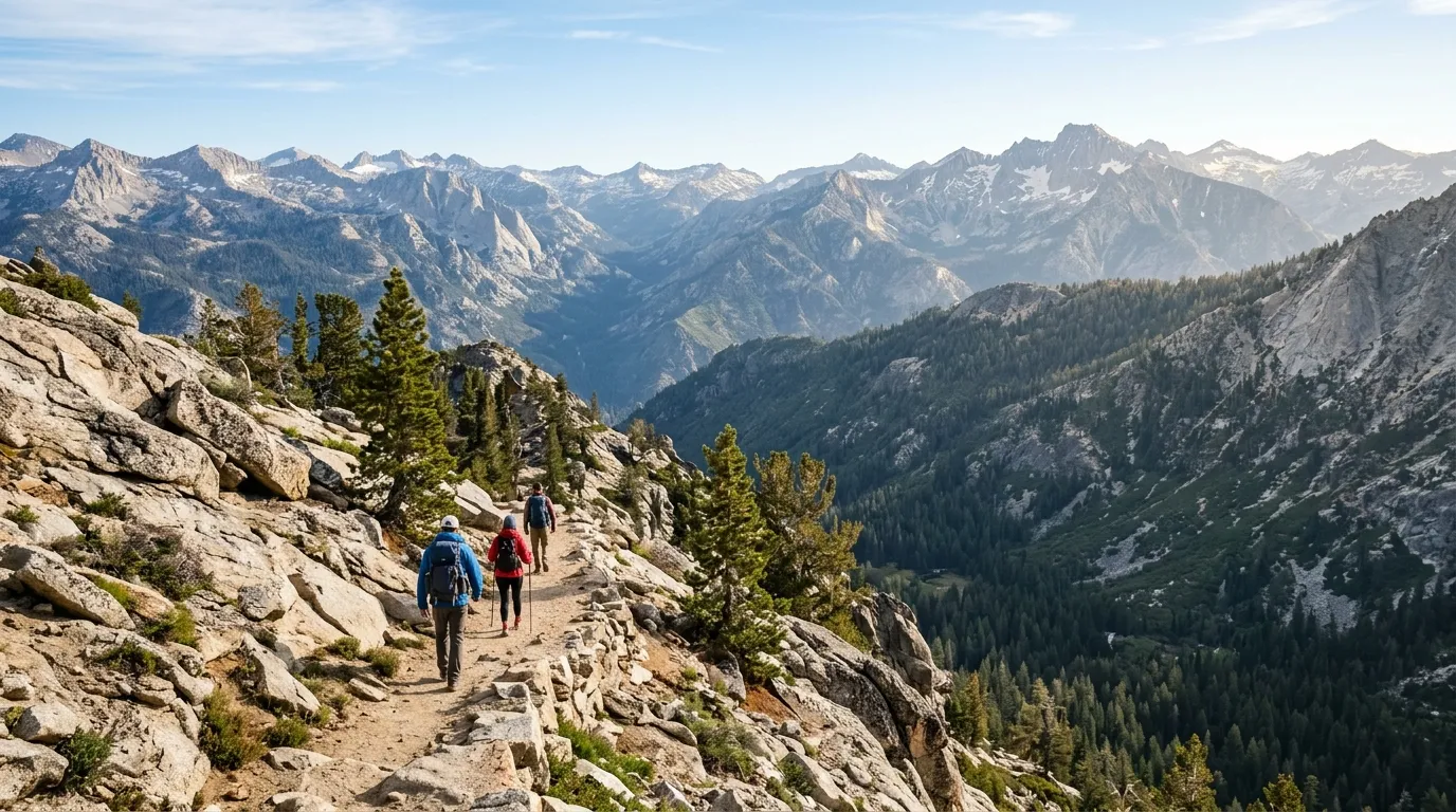 Hikers on a Sierra trail above Tulare County