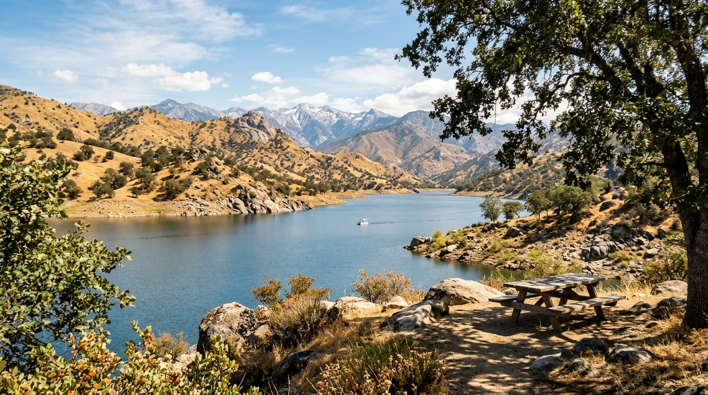 Lake Kaweah surrounded by foothills near Three Rivers California