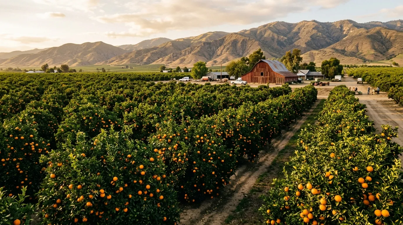 Orange orchard and farm landscape in Tulare County