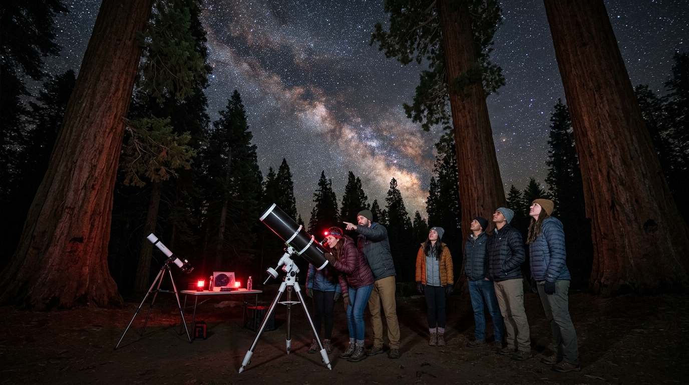 Stargazers beneath giant sequoias during a Tulare County dark sky event