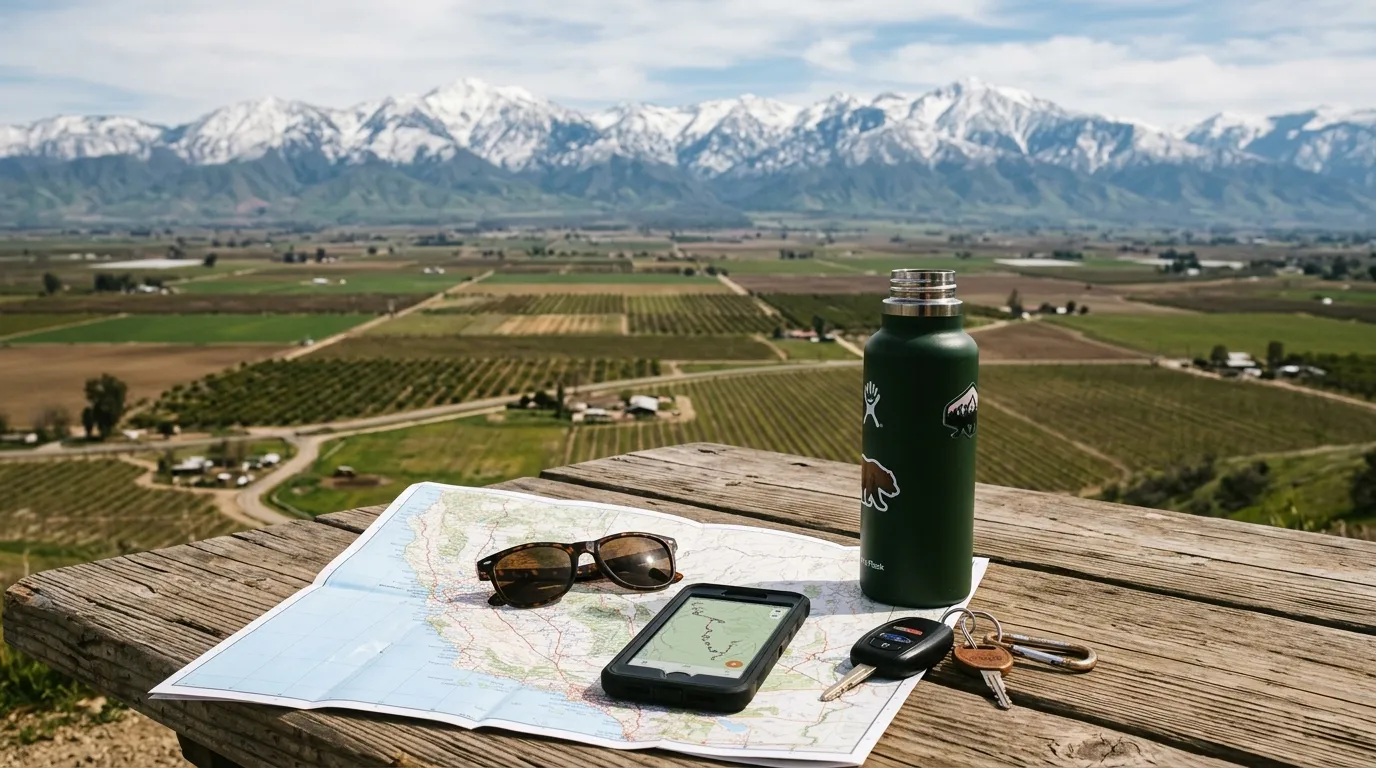 Trip planning materials overlooking Tulare County and the Sierra
