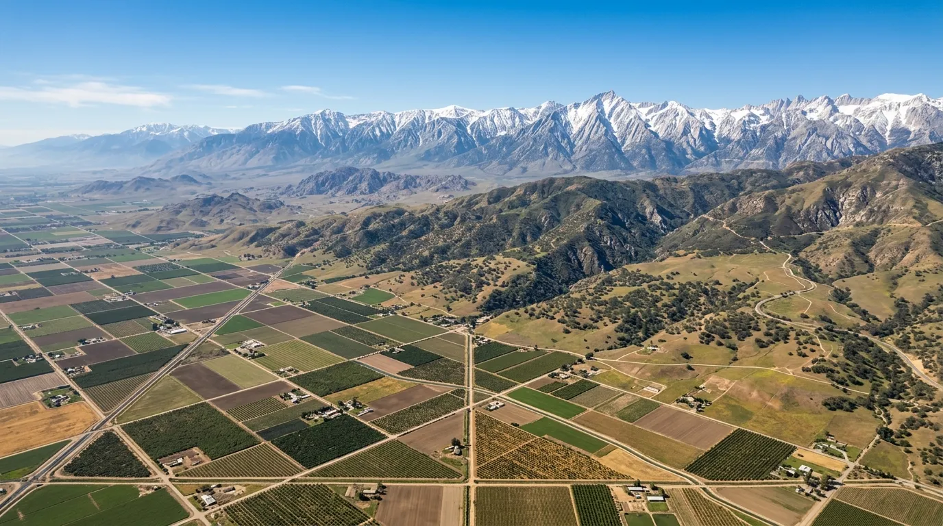 Tulare County farmland transitioning into Sierra foothills and mountains