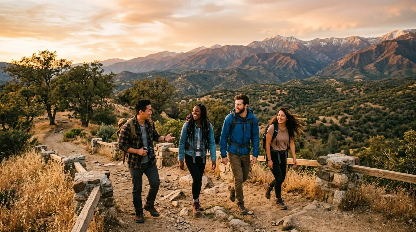 Visitors exploring a scenic foothill overlook in Tulare County