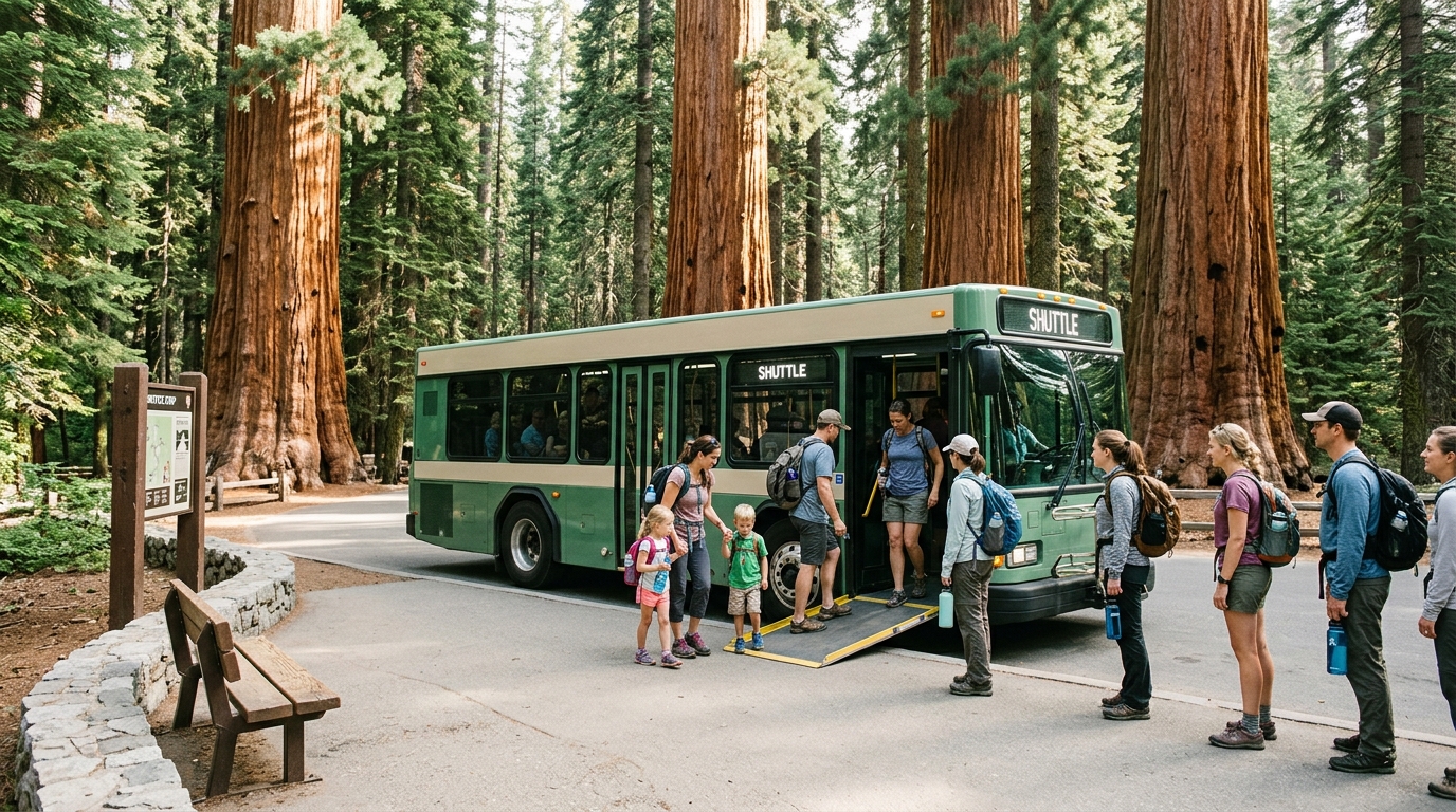 Visitors using a park shuttle in Sequoia National Park