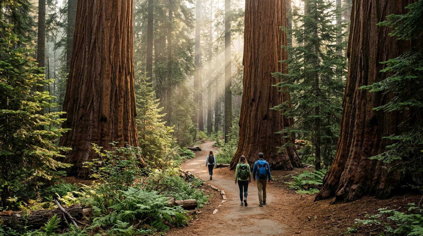 Visitors walking among giant sequoias during a day trip from Three Rivers