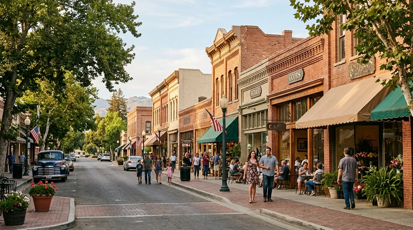 Historic downtown streetscape in a Tulare County community
